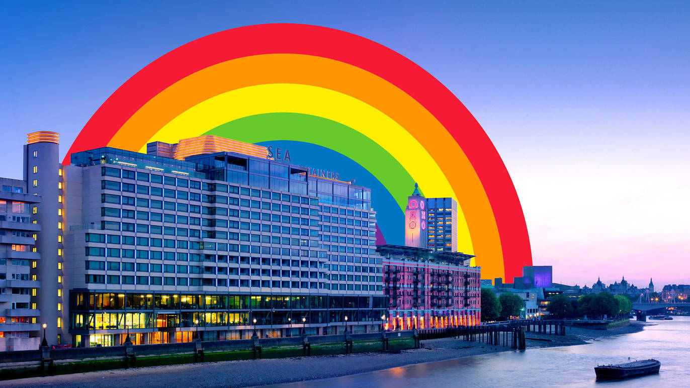 Colourful rainbow graphic overlaid on a cityscape, highlighting the Sea Containers Hotel at sunset and vibrant tones.