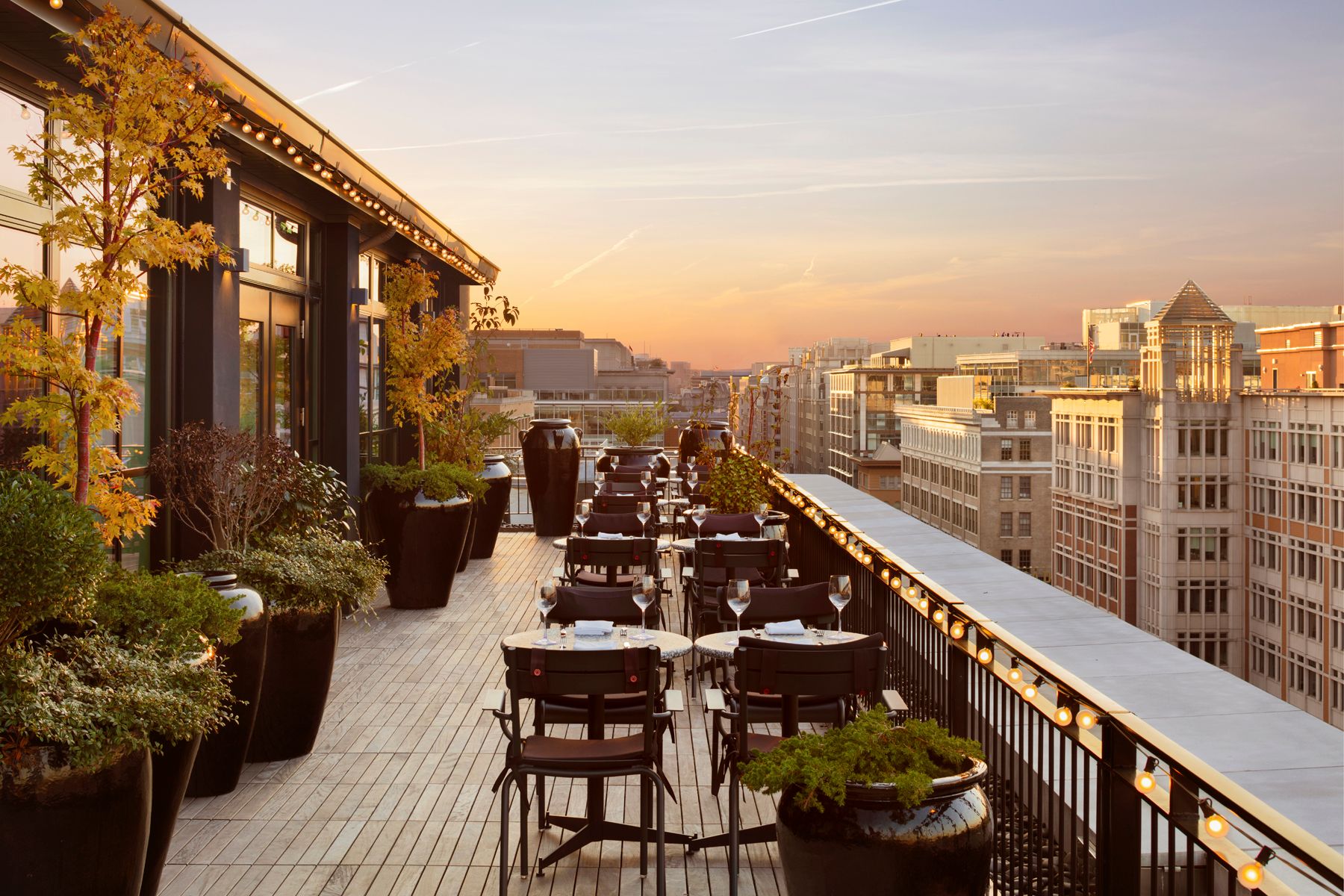 Rooftop terrace with dining tables, lush plants, and city views at sunset, offering a perfect evening dining experience.